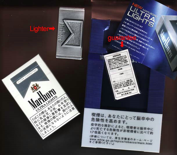 Marlboro ULTRA LIGHTS with a lighter cigarettes hard box